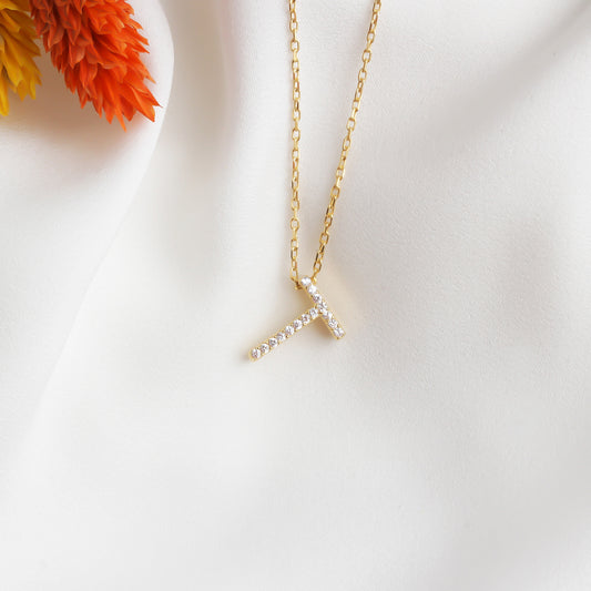 925k Sterling Silver Pave Letter T Necklace