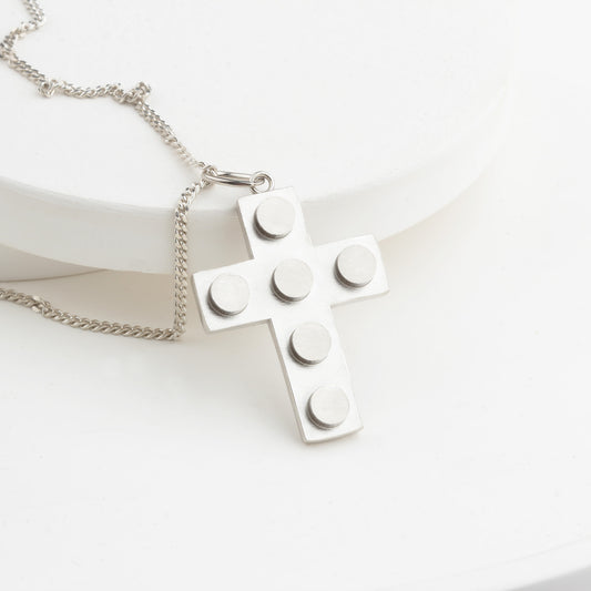 Bricks Jewel Sterling Silver 4x3 Brick Cross Charm Necklace - alternate view 2