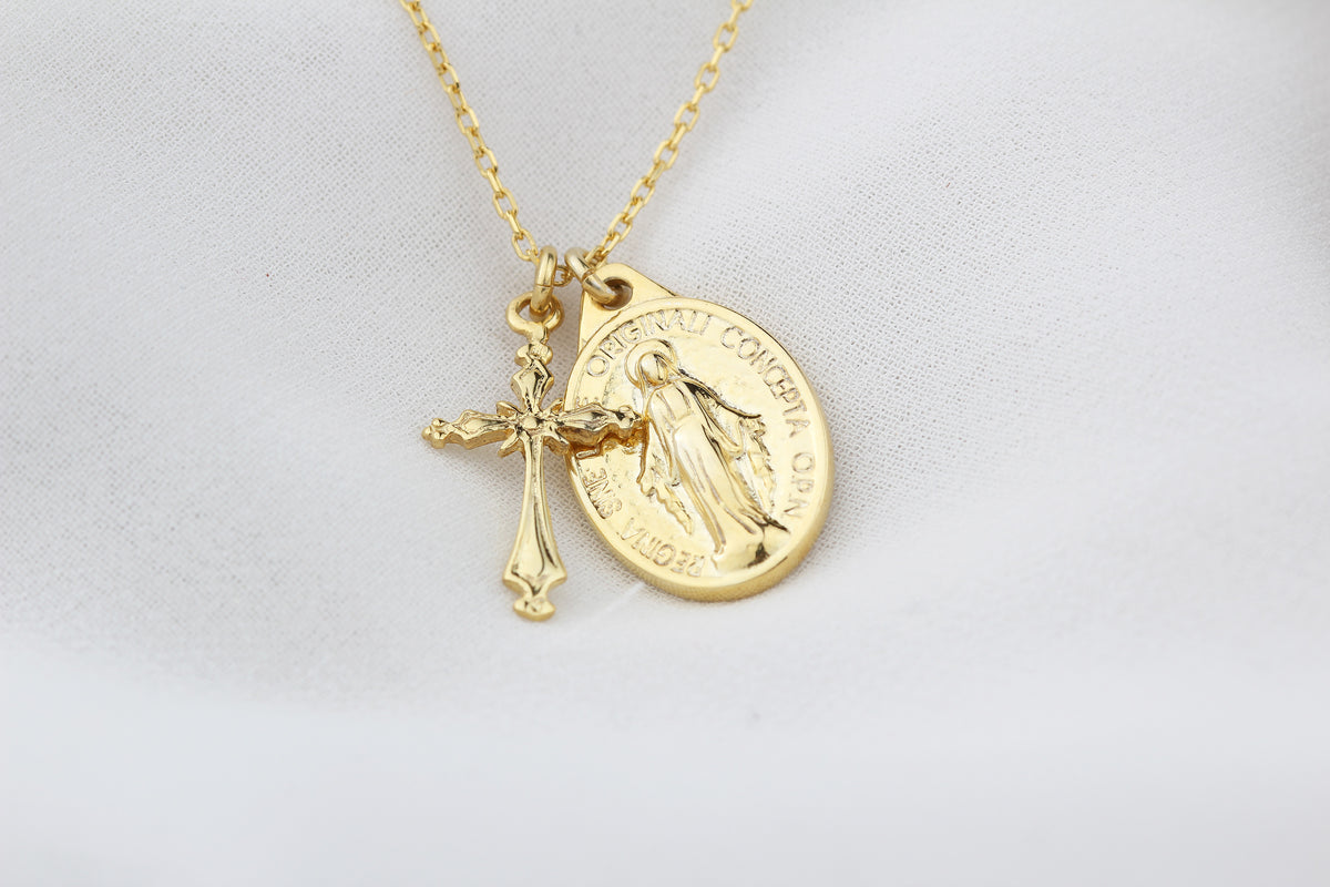 925k Sterling Silver Cross and Virgin Mary Necklace - alternate view 2