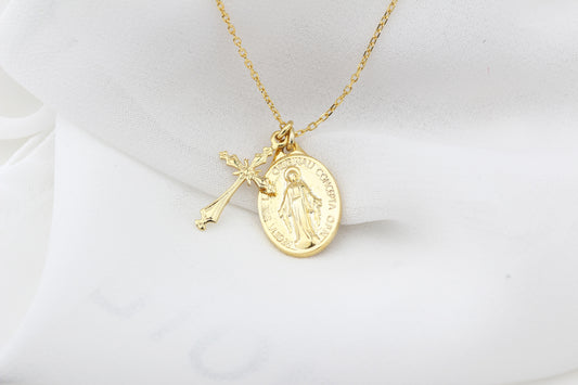 925k Sterling Silver Cross and Virgin Mary Necklace