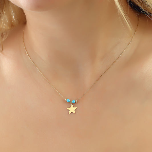 14k Solid Gold Color Stone Star Necklace