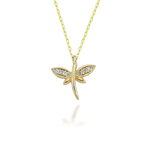 14k Solid Gold Pave Dragonfly Necklace