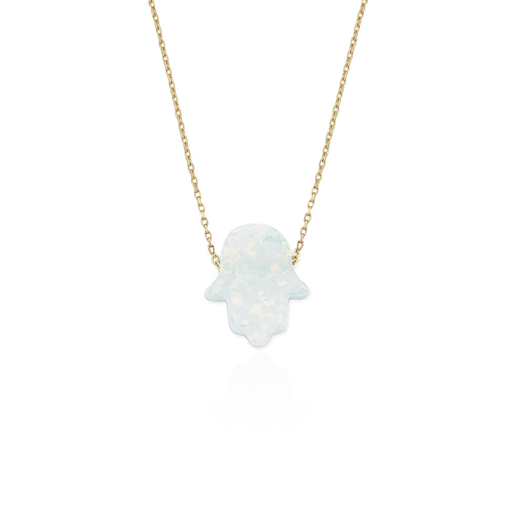 14k Solid Gold Opal Pave Hamsa Hands Necklace