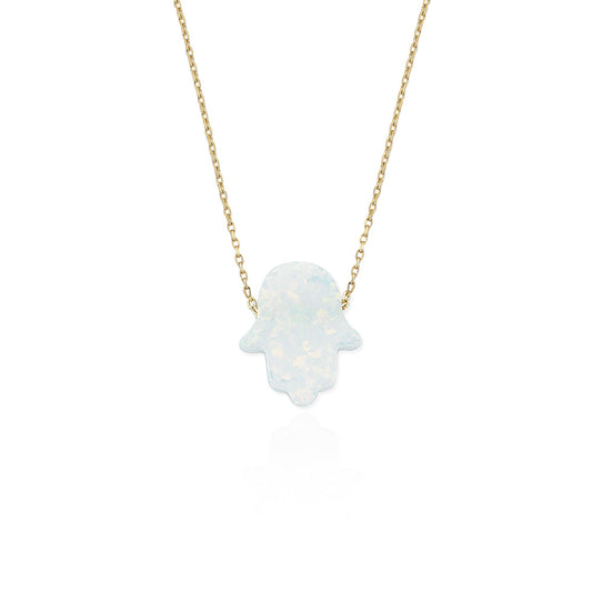 14k Solid Gold Opal Pave Hamsa Hands Necklace