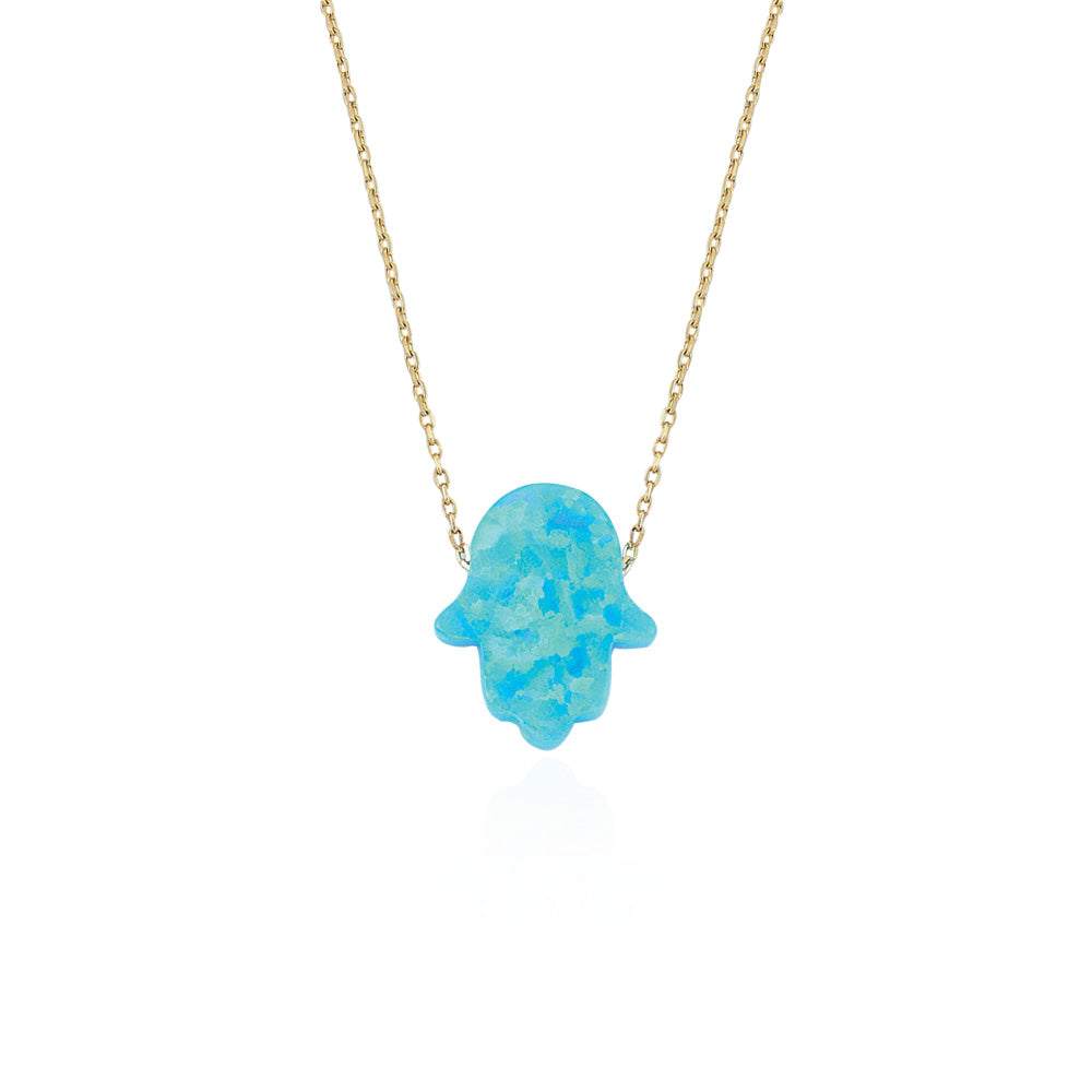 14k Solid Gold Opal Pave Hamsa Hands Necklace