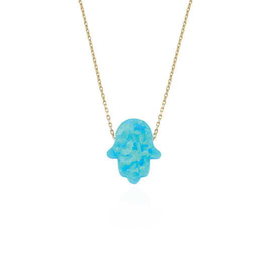 14k Solid Gold Opal Pave Hamsa Hands Necklace