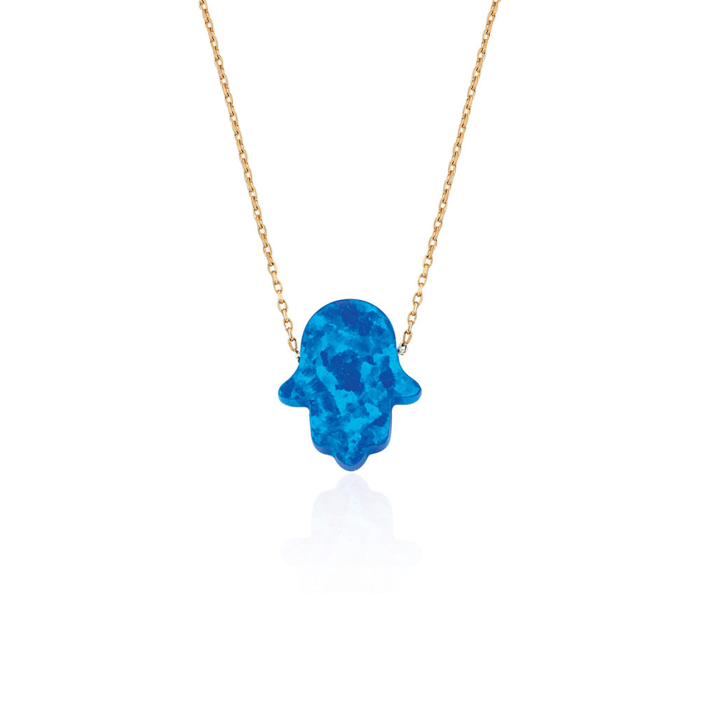 14k Solid Gold Opal Pave Hamsa Hands Necklace