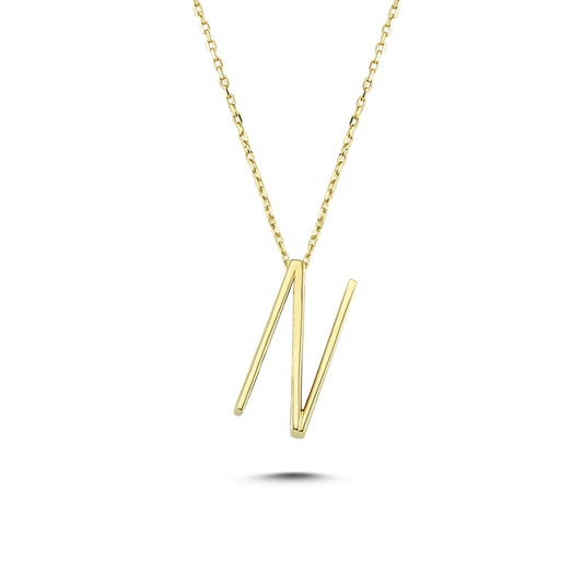 14k Solid Gold 3D N Letter Necklace