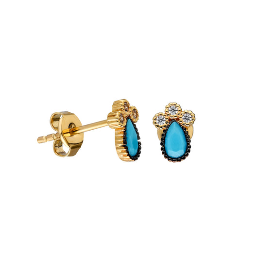 14k Solid Gold Drop Turquoise Pave Earring