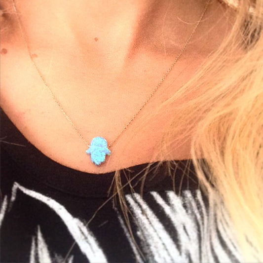 14k Solid Gold Opal Pave Hamsa Hands Necklace - alternate view 2