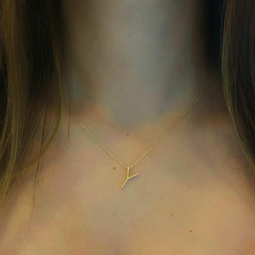 14k Solid Gold 3D Y Letter Necklace - alternate view 2
