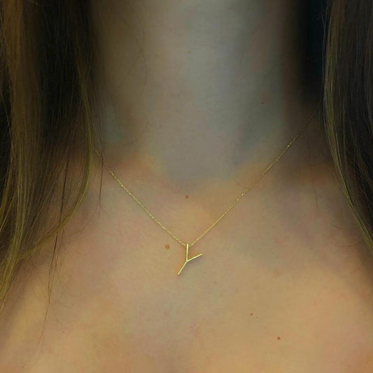 14k Solid Gold 3D Y Letter Necklace - alternate view 2