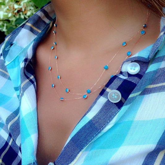 14k Solid Gold Turquoise Pave Necklace