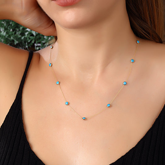 14k Solid Gold Turquoise Pave Necklace