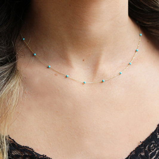 14k Solid Gold Turquoise Pave Row Necklace