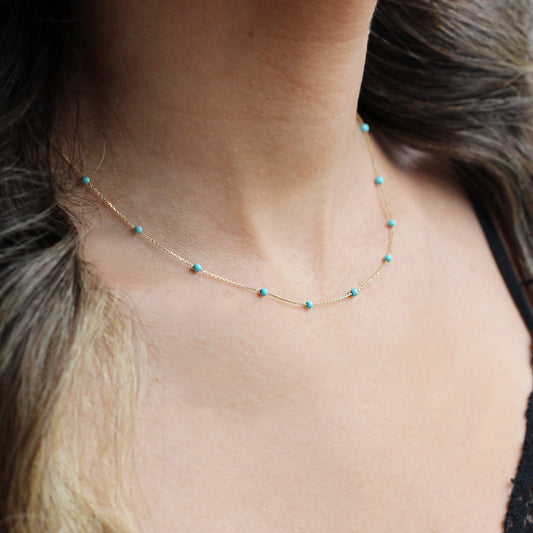 14k Solid Gold Turquoise Pave Row Necklace - alternate view 2
