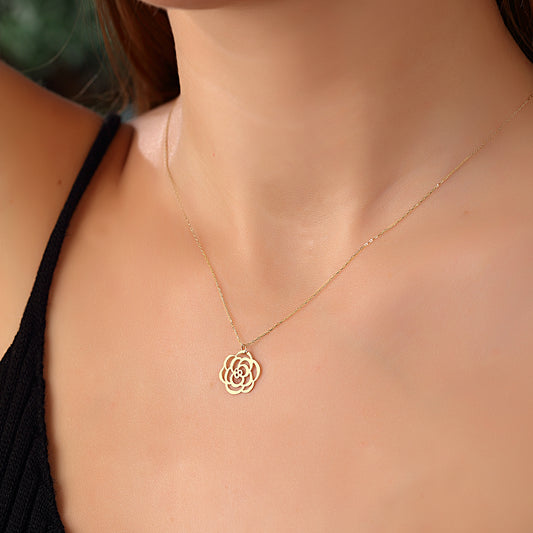14k Solid Gold Rose Theme Necklace