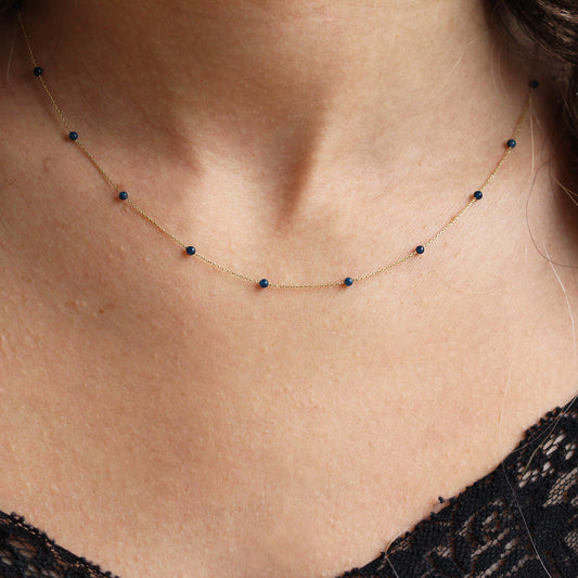 14k Solid Gold Lapis Pave Row Necklace