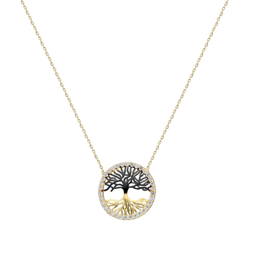 14k Solid Gold Black Life Tree Necklace