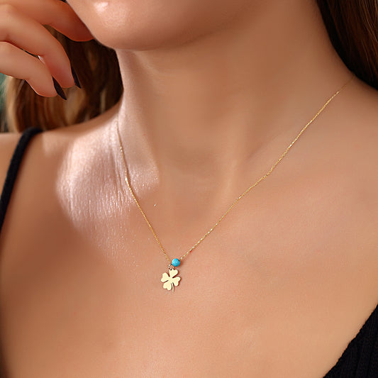 14k Solid Gold Turquoise Clover Necklace