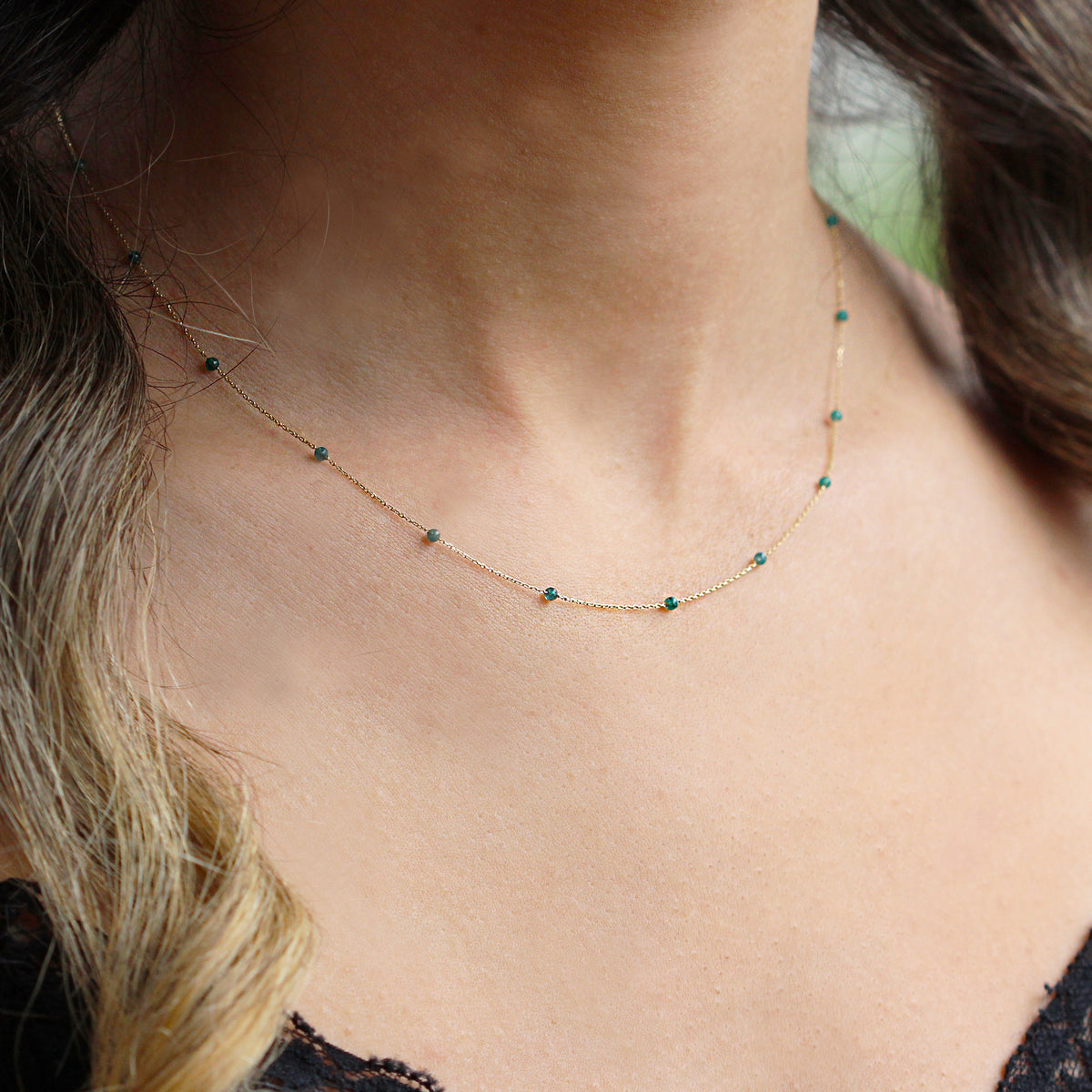 14k Solid Gold Jade Pave Row Necklace