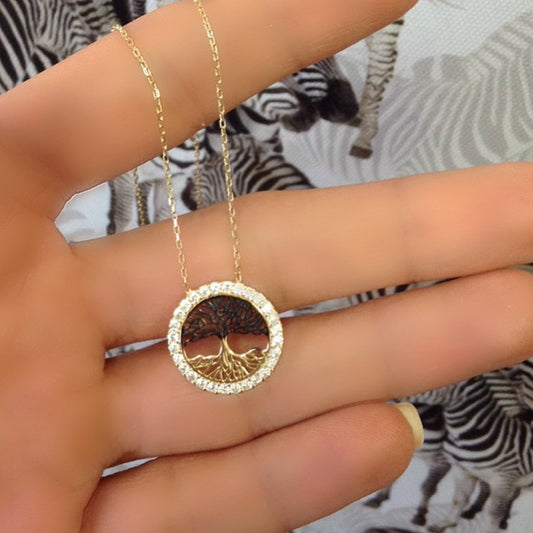 14k Solid Gold Black Life Tree Necklace - alternate view 2
