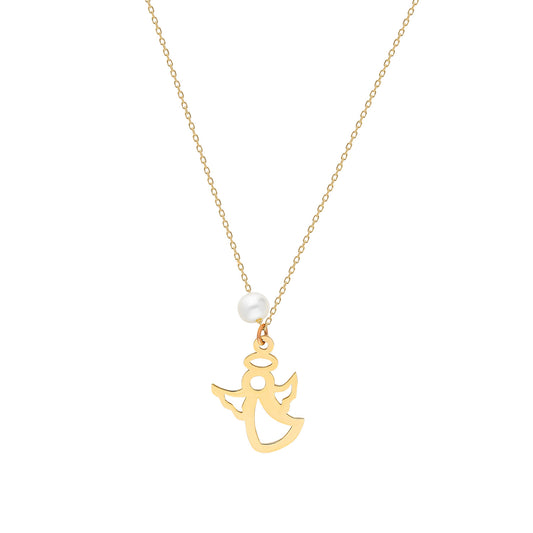 14k Solid Gold Pearl Angel Necklace - alternate view 2