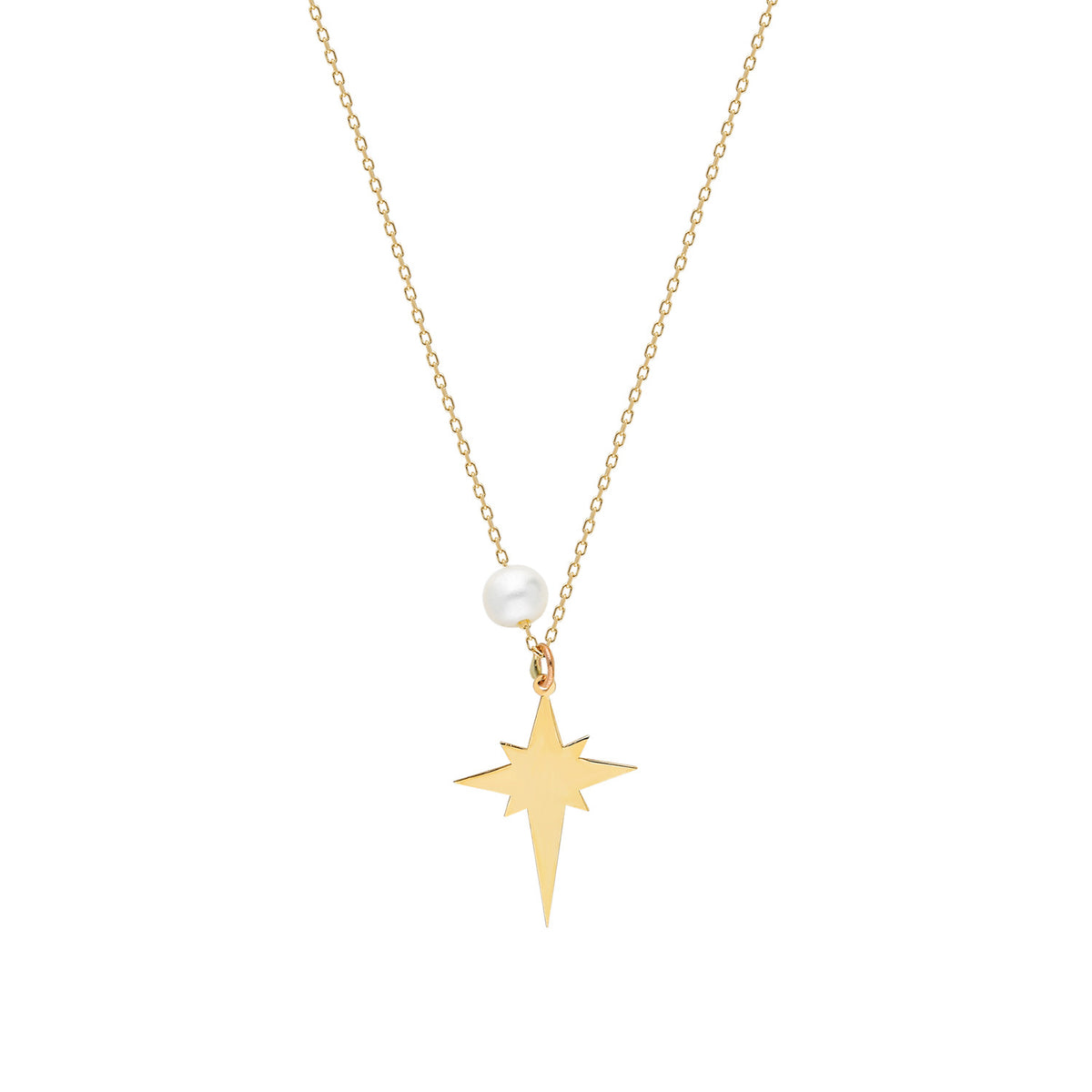 14k Solid Gold Pearl Polar Star Necklace
