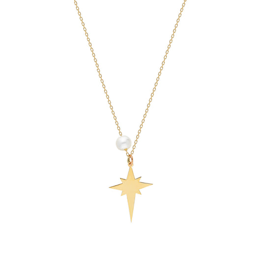 14k Solid Gold Pearl Polar Star Necklace