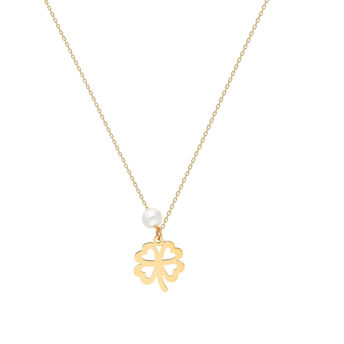 14k Solid Gold Pearl Clover Necklace