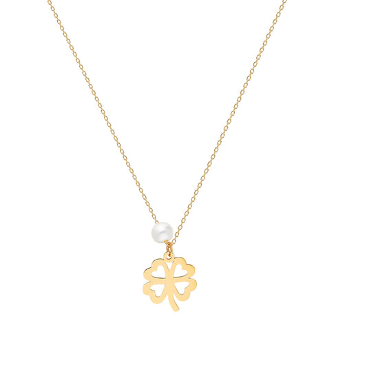 14k Solid Gold Pearl Clover Necklace