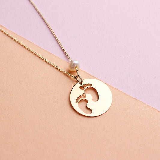 14k Solid Gold Pearl Footprint Necklace