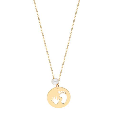 14k Solid Gold Pearl Hand-Footprint Necklace - alternate view 2