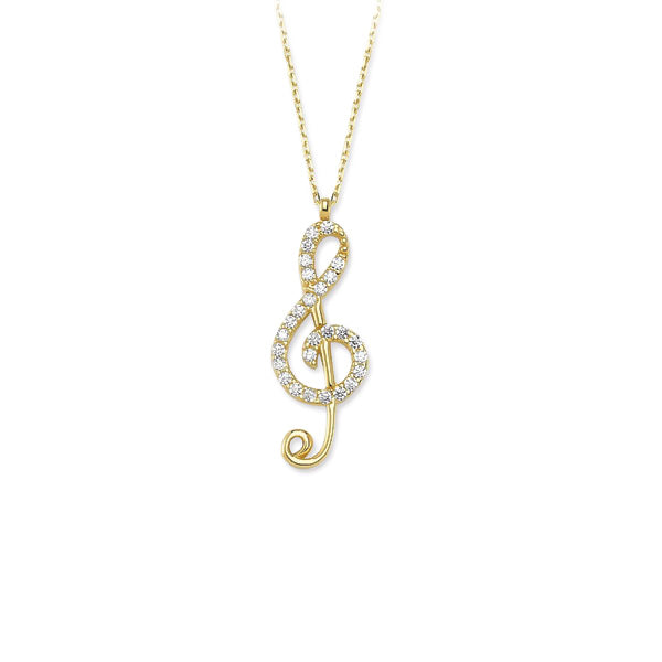 14k Solid Gold Treble Clef Pave Necklace