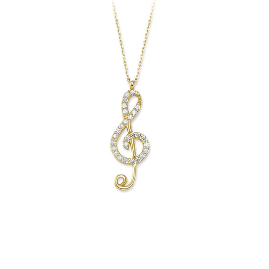 14k Solid Gold Treble Clef Pave Necklace